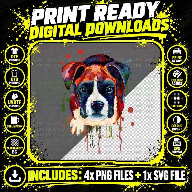 Boxer Dog Art T-Shirt, Colorful Splash Design Png SVG Digital Bundle