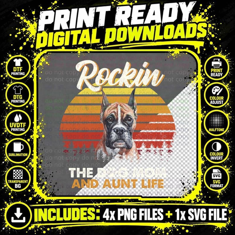 Boxer Dog Mom T-Shirt, Retro Sunset Style Png SVG Digital Bundle
