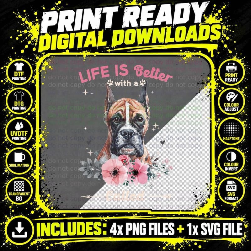 Boxer Dog T-Shirt, Floral Botanical Style Png SVG Digital Bundle