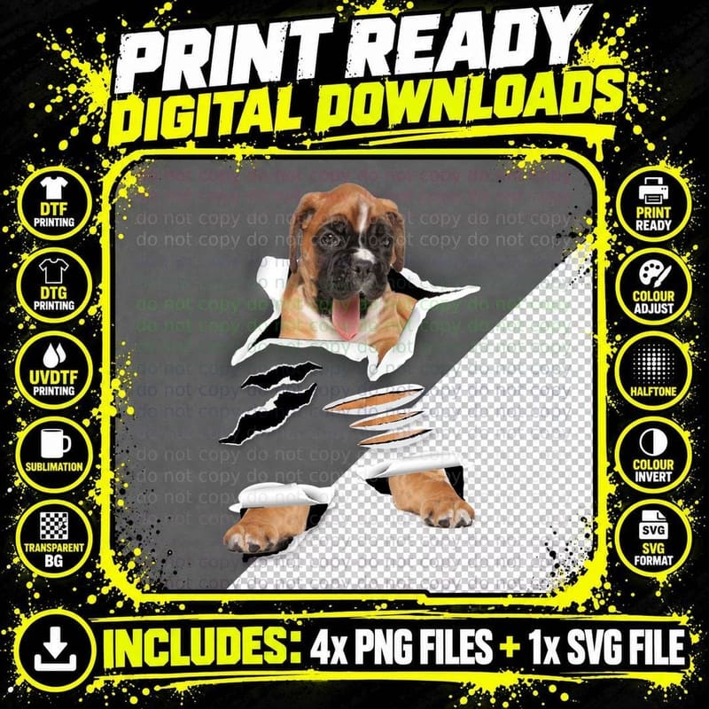 Boxer Dog T-Shirt, Ripped Paper Effect, Pet Lover Apparel Png SVG Digital Bundle