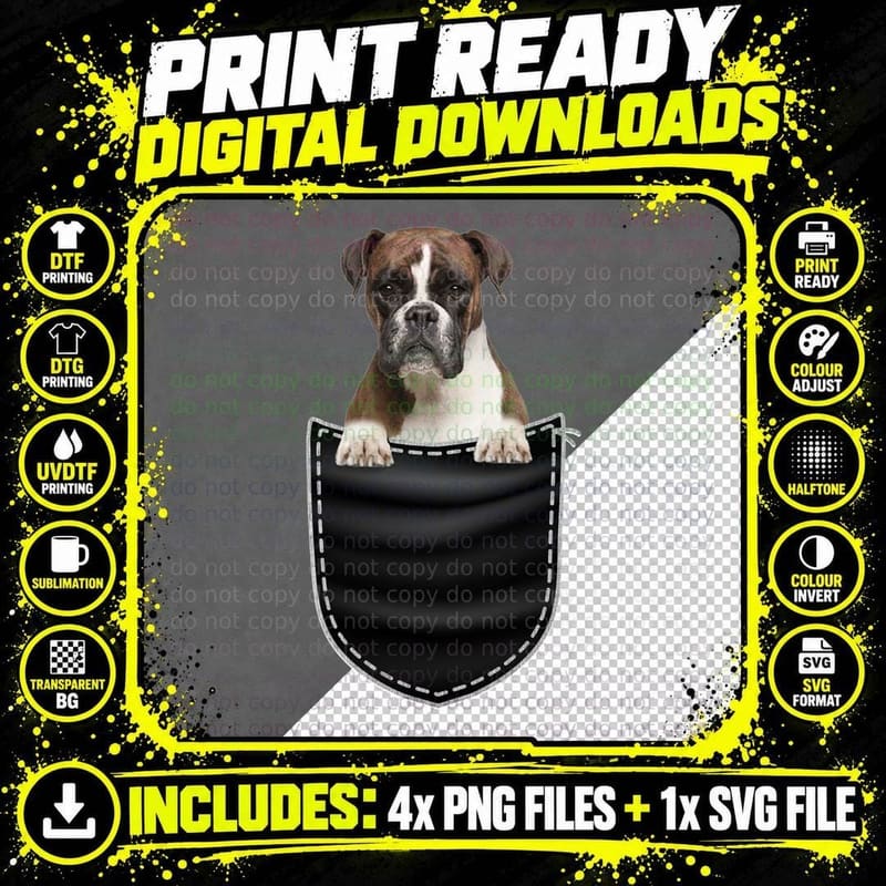 Boxer Dog in Pocket T-Shirt, Pet Lover Apparel Png SVG Digital Bundle