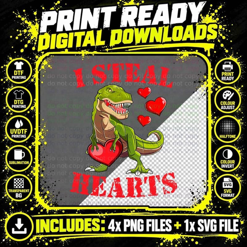 Boys Valentines Day Kids Dinosaur T Rex Lover I Steal Png SVG Digital Bundle