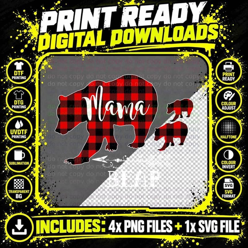 Buffalo Plaid Mama Bear T-Shirt, Family Matching Png SVG Digital Bundle