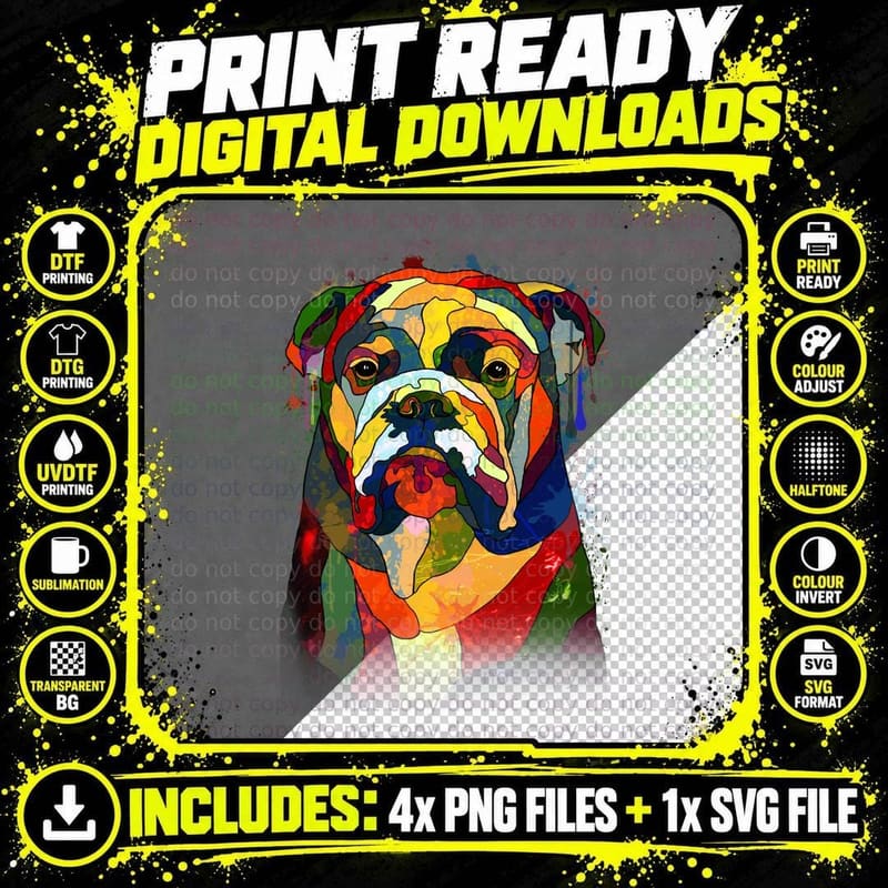 Bulldog Artistic T-Shirt, Colorful Pet Design Png SVG Digital Bundle