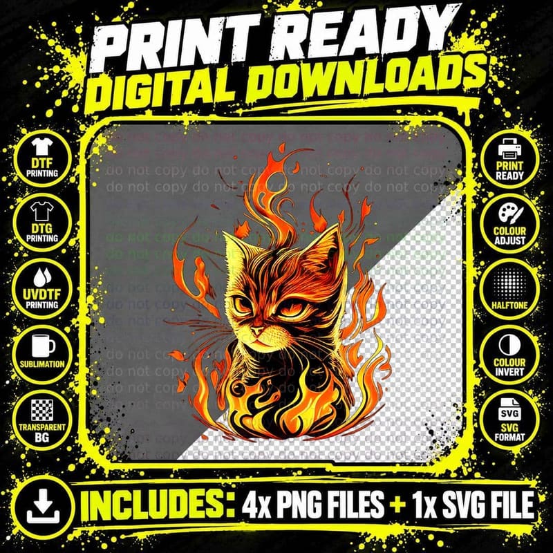 Burning Fire Cat T-Shirt, Fiery Kitty Design Png SVG Digital Bundle