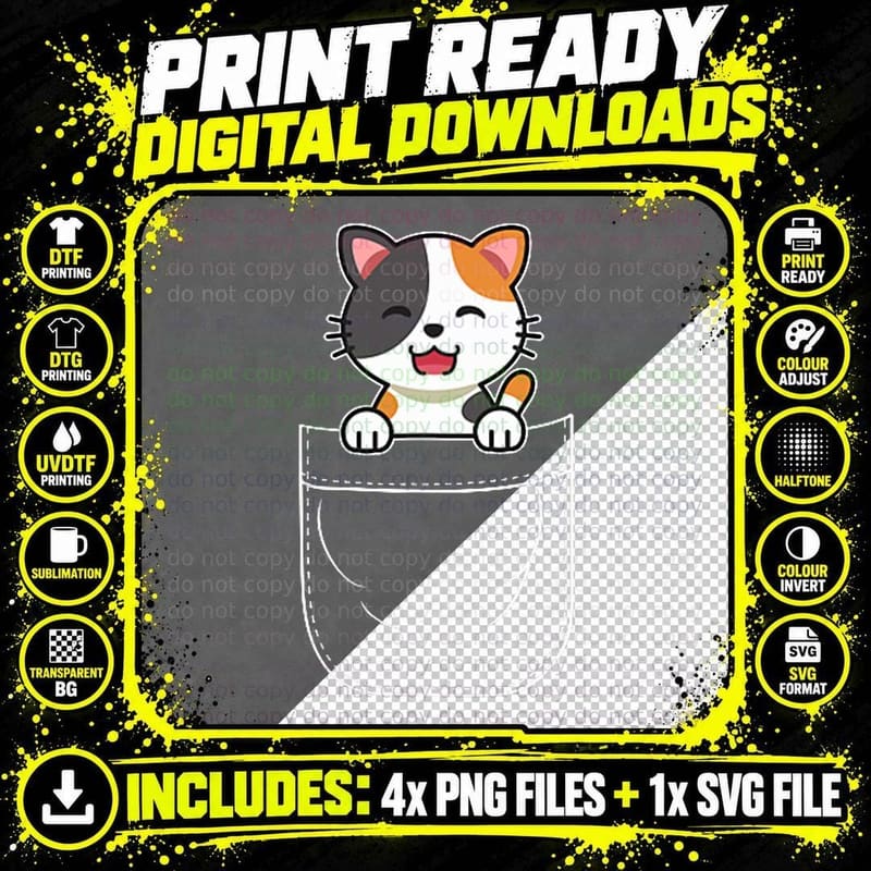 Calico Cat Kitten in Pocket T-Shirt Png SVG Digital Bundle
