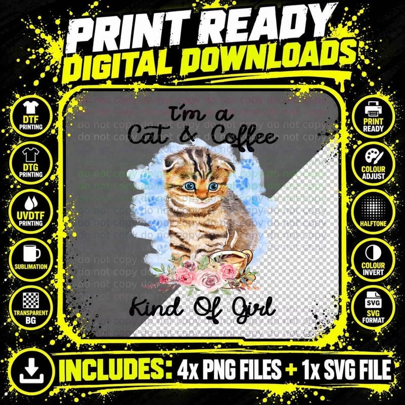 Cat & Coffee T-Shirt, Pet Lover Apparel Png SVG Digital Bundle
