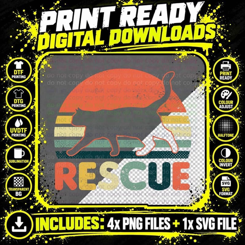 Cat Adoption Design Vintage Retro Sunset Rescue T-Shirt Png SVG Digital Bundle