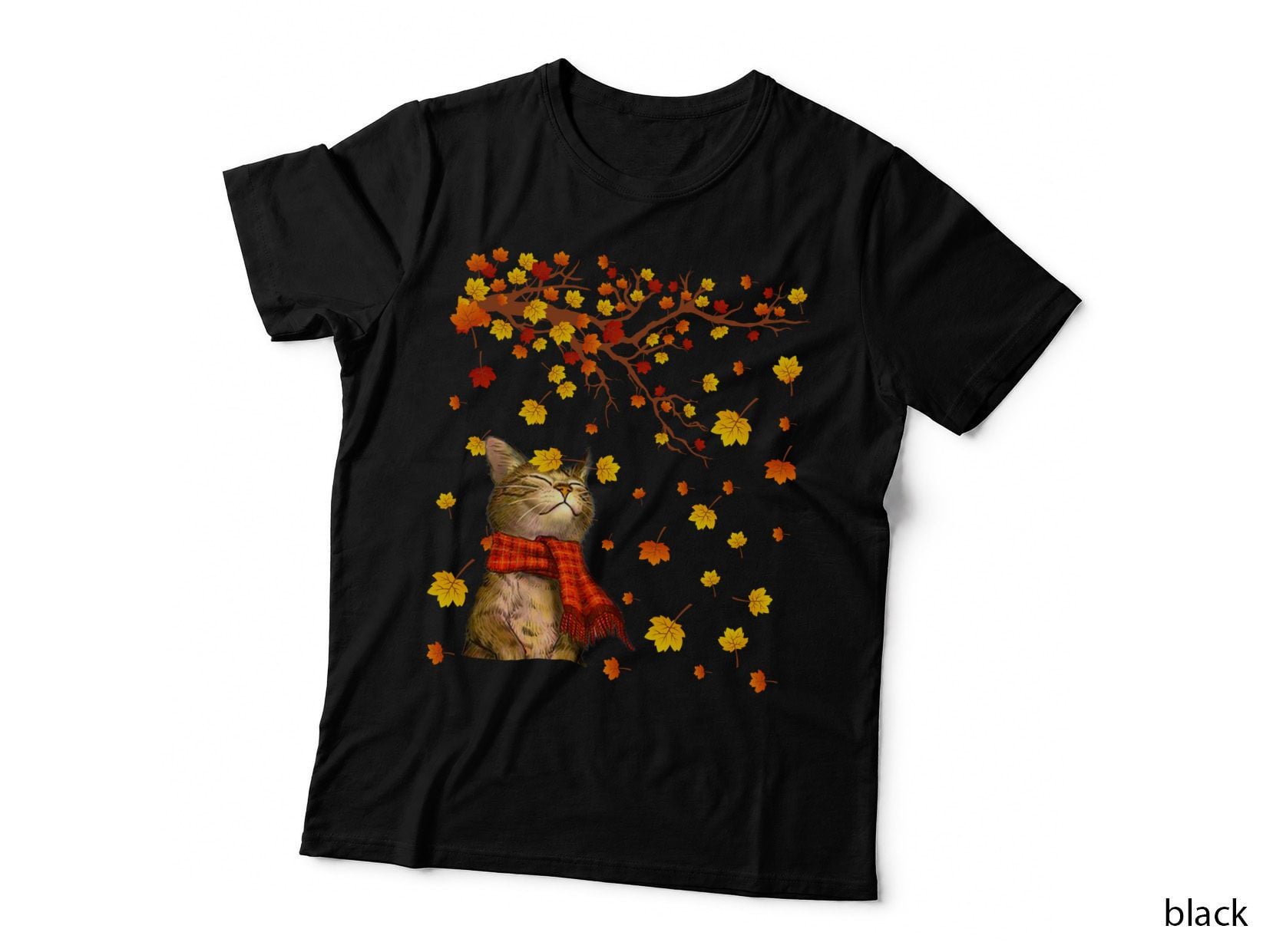 Cat Autumn T-Shirt, Fall Leaves Print, Pet Lover Apparel