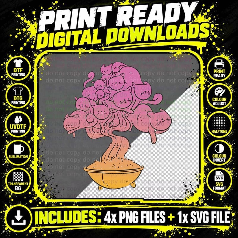 Cat Bonsai Tree T-Shirt, Whimsical Animal Print Png SVG Digital Bundle