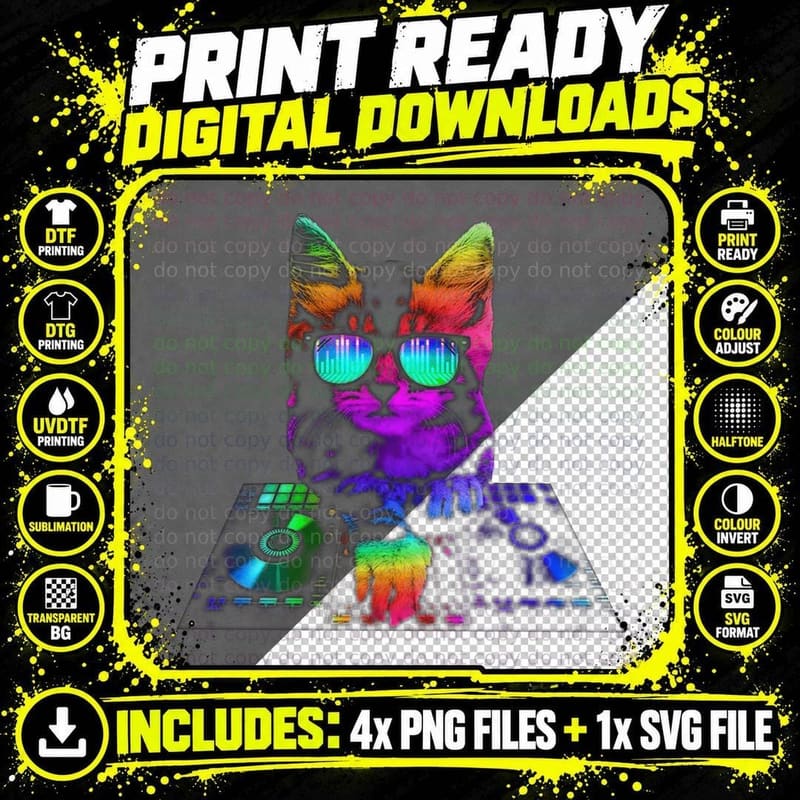 Cat DJ T-Shirt, Colorful Party Vibes, Pet Lover Apparel Png SVG Digital Bundle
