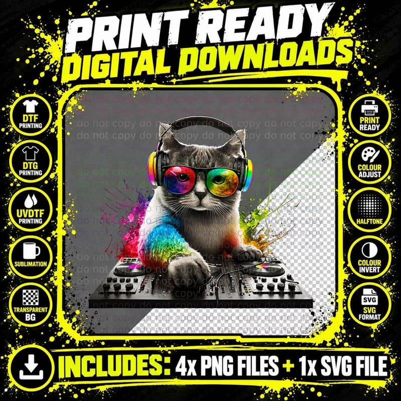 Cat DJ T-Shirt, Cool Animal Design, Music Lover Style Png SVG Digital Bundle
