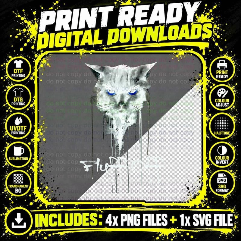 Cat Face T-Shirt, Dark Art Print, Pet Lover Apparel Png SVG Digital Bundle