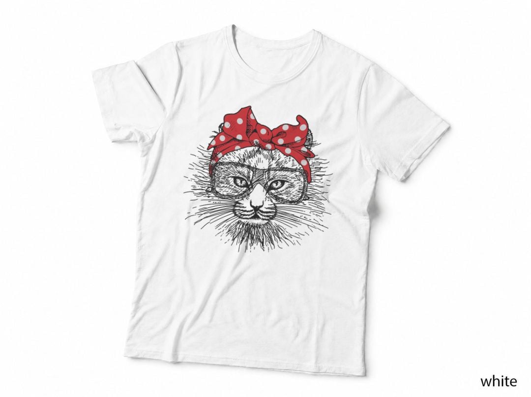 Cat Face with Red Polka Dot Bandana, Vintage Style, Pet Lover Apparel T-Shirt