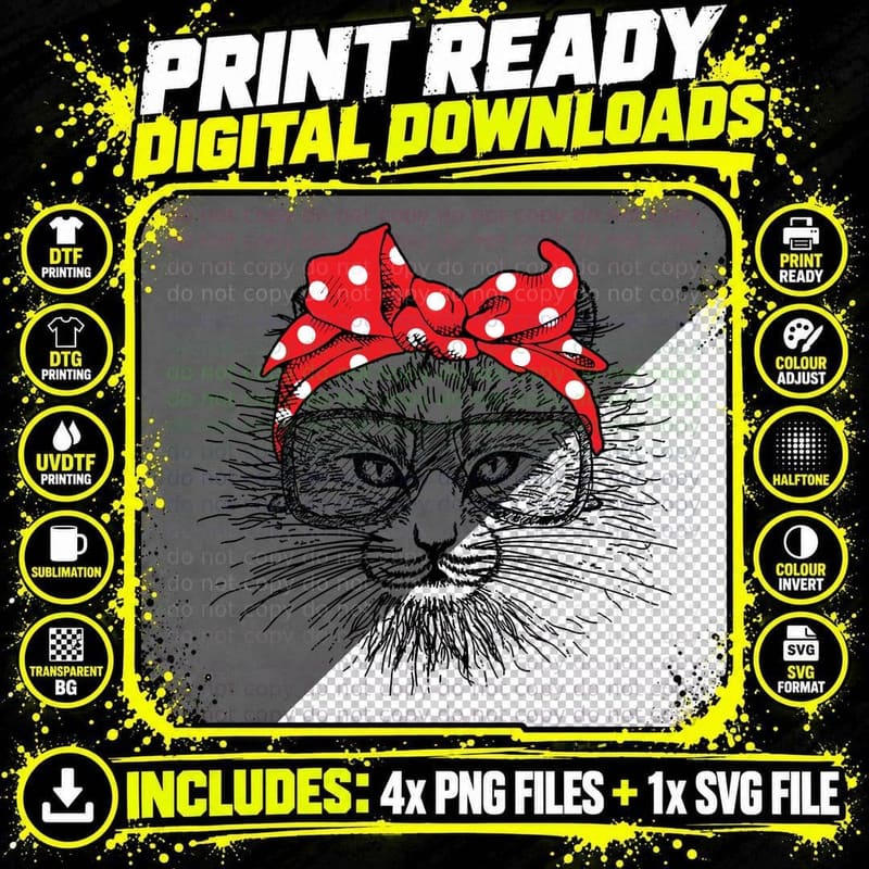 Cat Face with Red Polka Dot Bandana, Vintage Style Png SVG Digital Bundle
