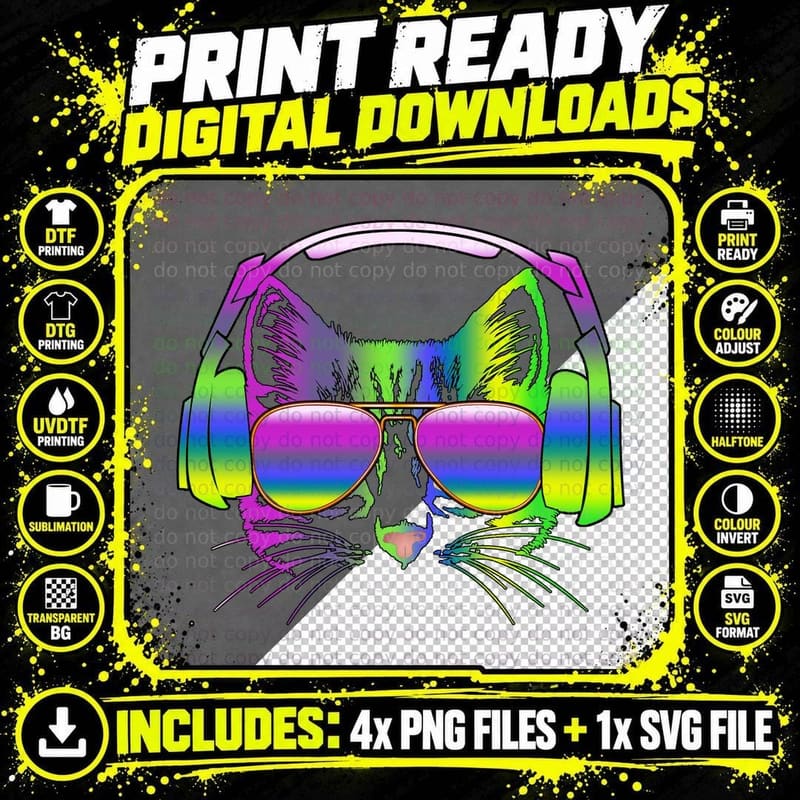 Cat Headphone T-Shirt, Rainbow Vibes, Pet Lover Apparel Png SVG Digital Bundle