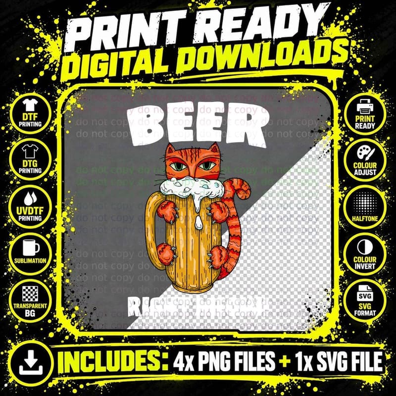 Cat Holding Beer Mug T-Shirt, Funny Animal Design Png SVG Digital Bundle