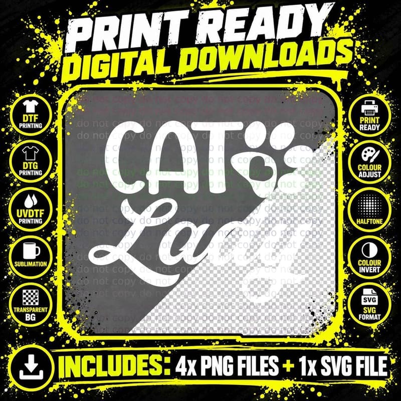 Cat Lady T-Shirt, Pet Lover Apparel, Cat Paw Print Png SVG Digital Bundle