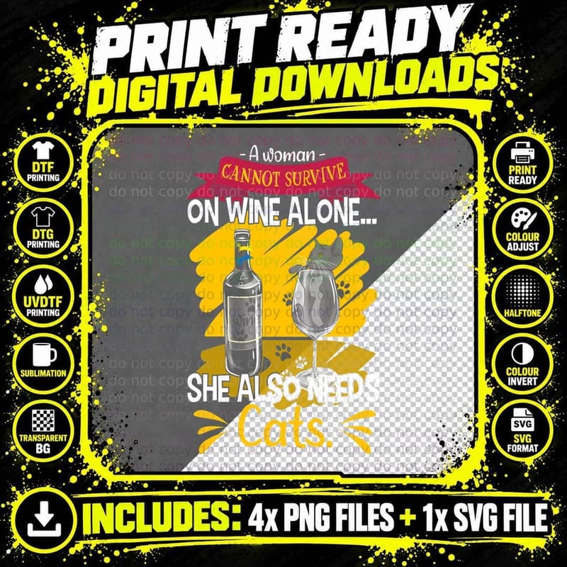 Cat Lover T-Shirt, Wine & Cats Design, Pet Lover Apparel Png SVG Digital Bundle