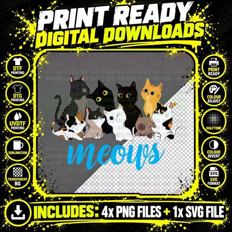 Cat Meows T-Shirt, Whimsical Cat Print, Pet Lover Apparel Png SVG Digital Bundle