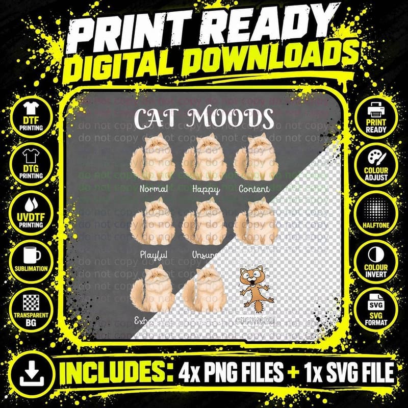 Cat Moods Cat T-Shirt, Funny Cat Design Png SVG Digital Bundle