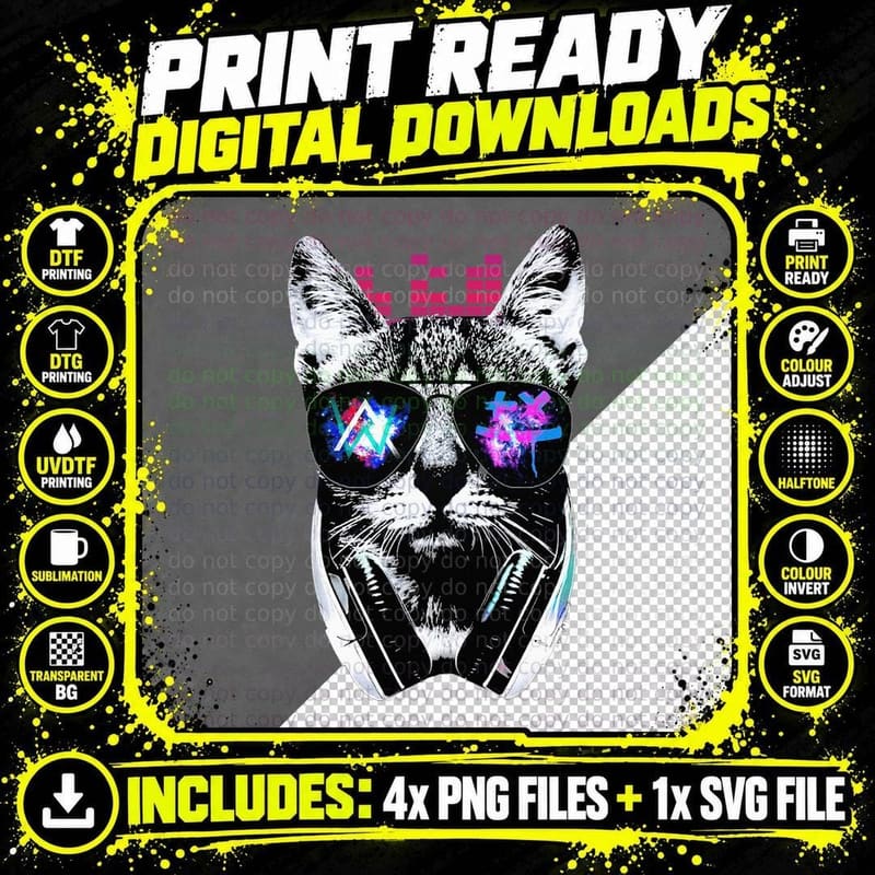 Cat Music Design T-Shirt, Cool DJ Vibes Png SVG Digital Bundle