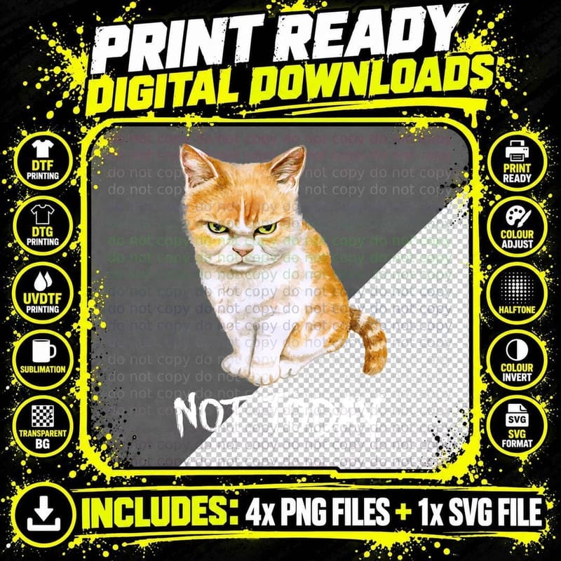 Cat Not Today T-Shirt, Whimsical Animal Print Png SVG Digital Bundle