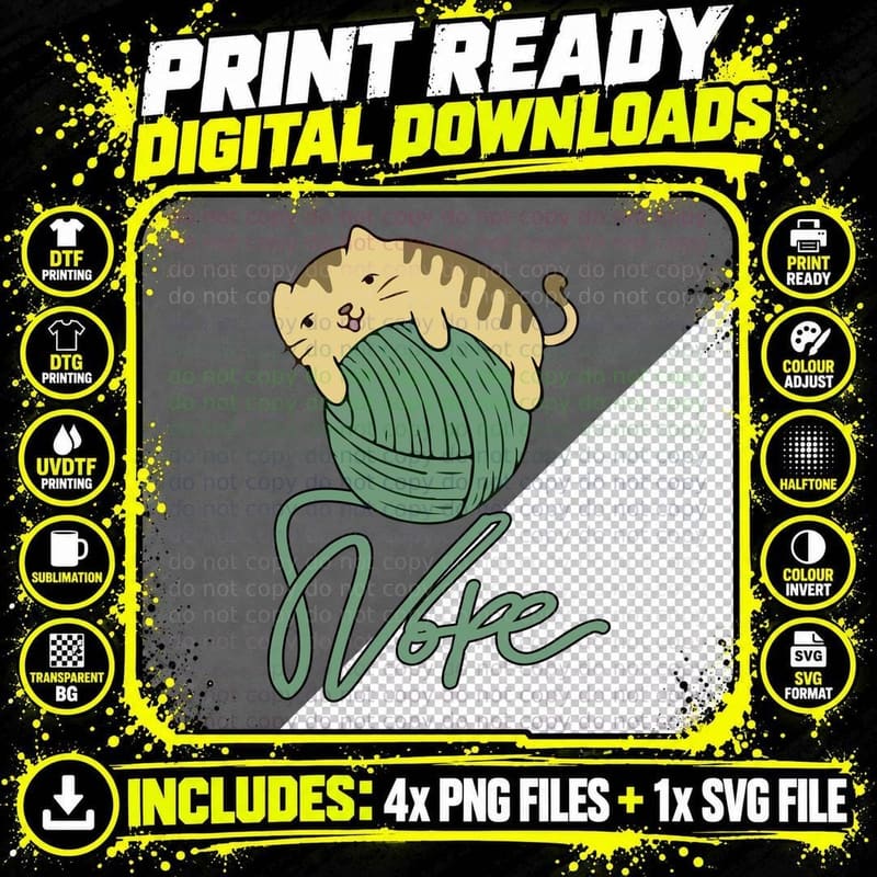 Cat Playing with Yarn T-Shirt, Whimsical Cat Print Png SVG Digital Bundle