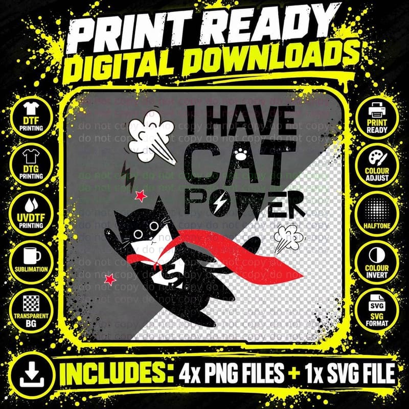 Cat Power T-Shirt, Superhero Style, Pet Lover Apparel Png SVG Digital Bundle