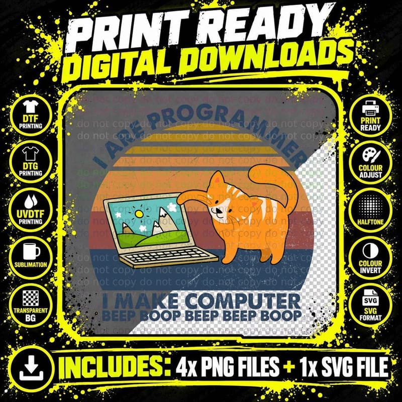 Cat Programmer T-Shirt, Vintage Retro Style Png SVG Digital Bundle