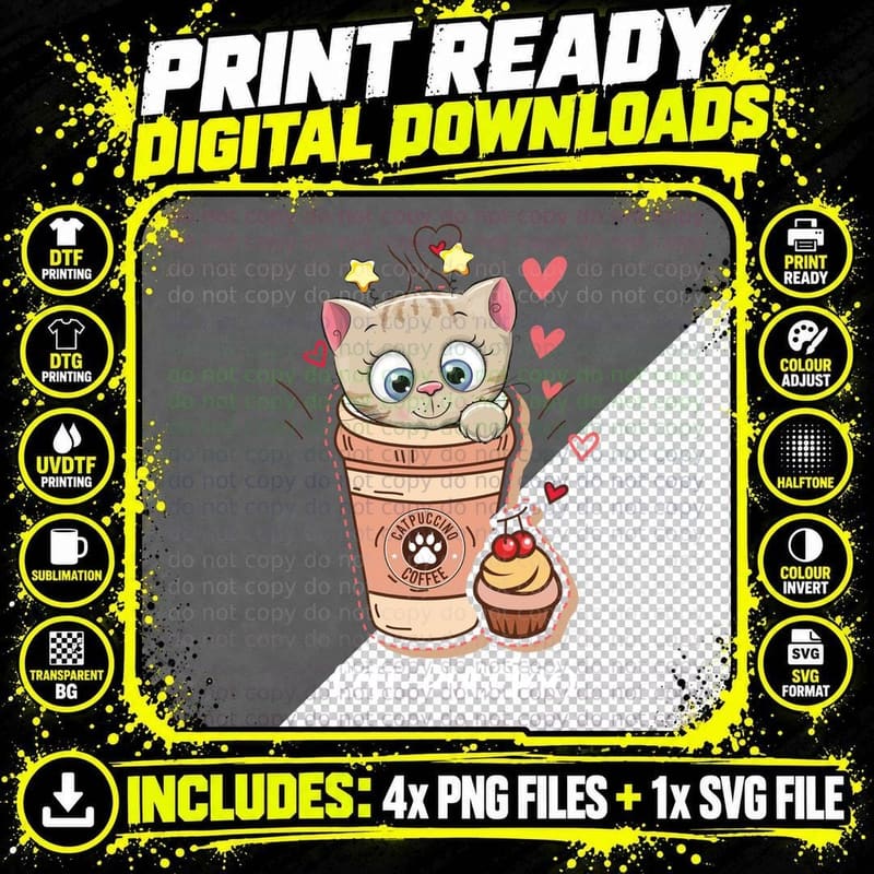 Cat Puccino Coffee T-Shirt, Cat Lover Apparel Png SVG Digital Bundle