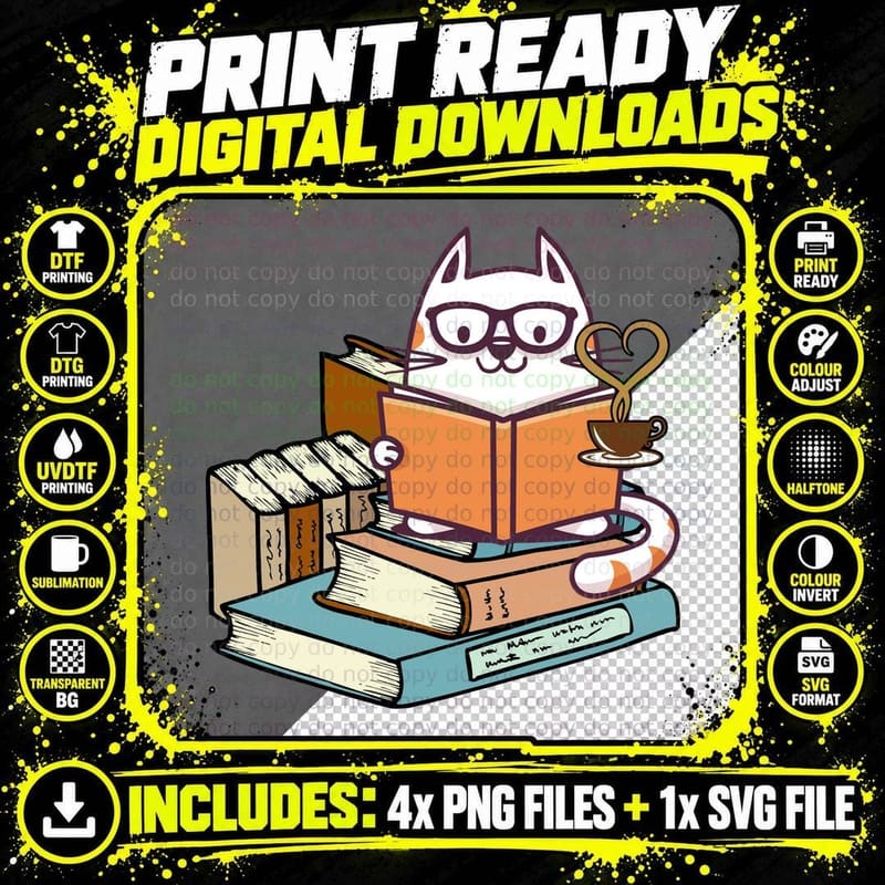 Cat Reading Book T-Shirt, Whimsical Literary Print Png SVG Digital Bundle