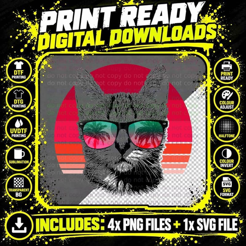 Cat Retro Sunglasses T-Shirt, Vintage 80s Vibes Png SVG Digital Bundle
