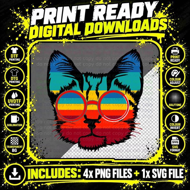 Cat Retro Sunglasses T-Shirt, Vintage Rainbow Print Png SVG Digital Bundle