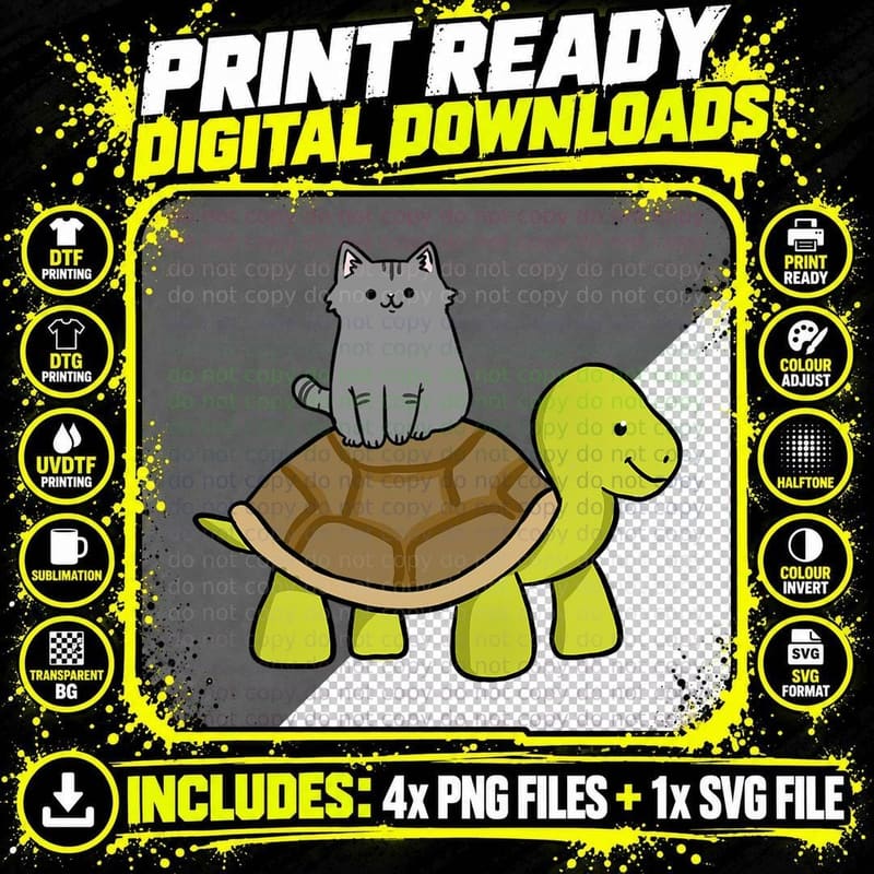 Cat Riding Turtle T-Shirt, Whimsical Animal Print Png SVG Digital Bundle