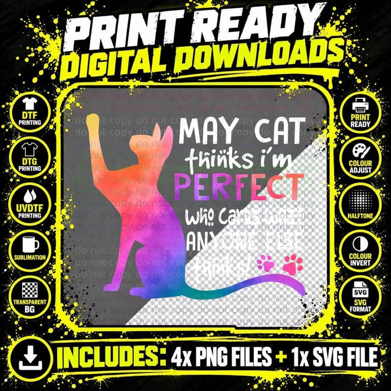 Cat Silhouette T-Shirt, Rainbow Watercolor Design Png SVG Digital Bundle