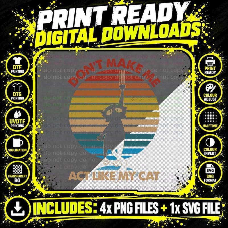 Cat Silhouette T-Shirt, Vintage Retro Style Png SVG Digital Bundle