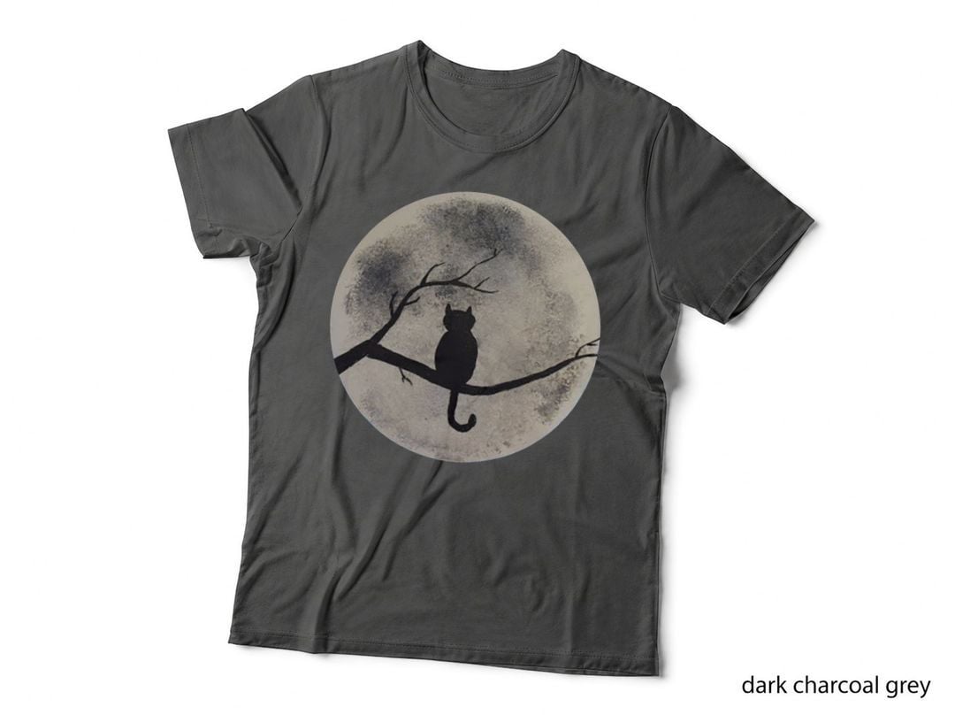 Cat Silhouette on Branch, Moonlit Night Scene, Pet Lover Apparel T-Shirt