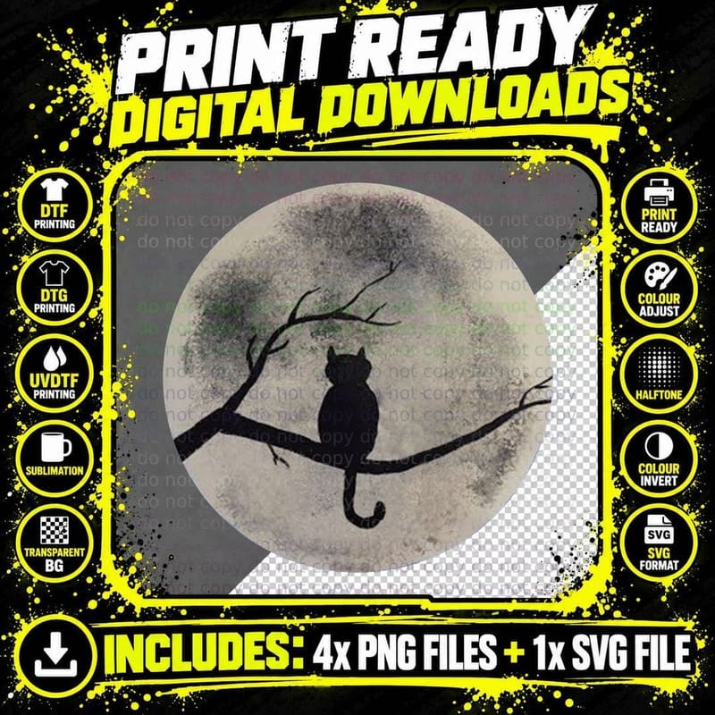 Cat Silhouette on Branch, Moonlit Night Scene Png SVG Digital Bundle