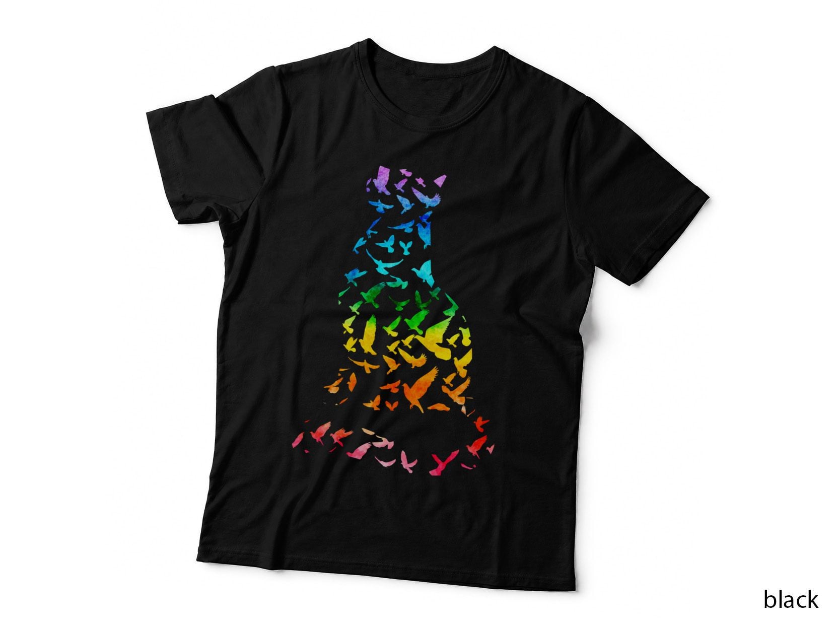 Cat Silhouette with Rainbow Birds T-Shirt, Pet Lover Apparel