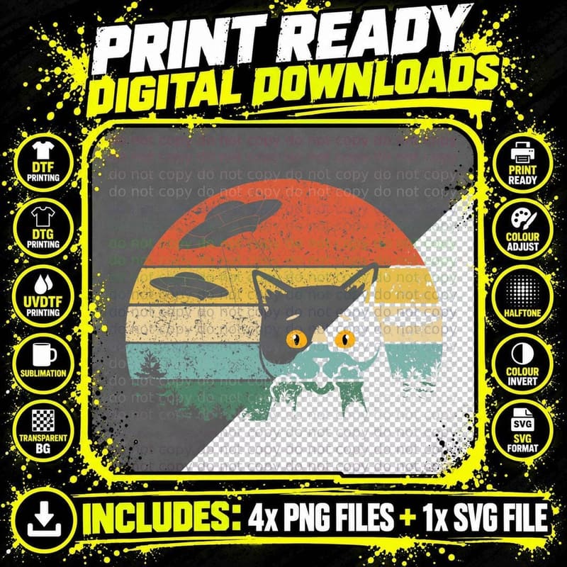 Cat Spaceship UFO T-Shirt, Retro Sci-Fi Png SVG Digital Bundle