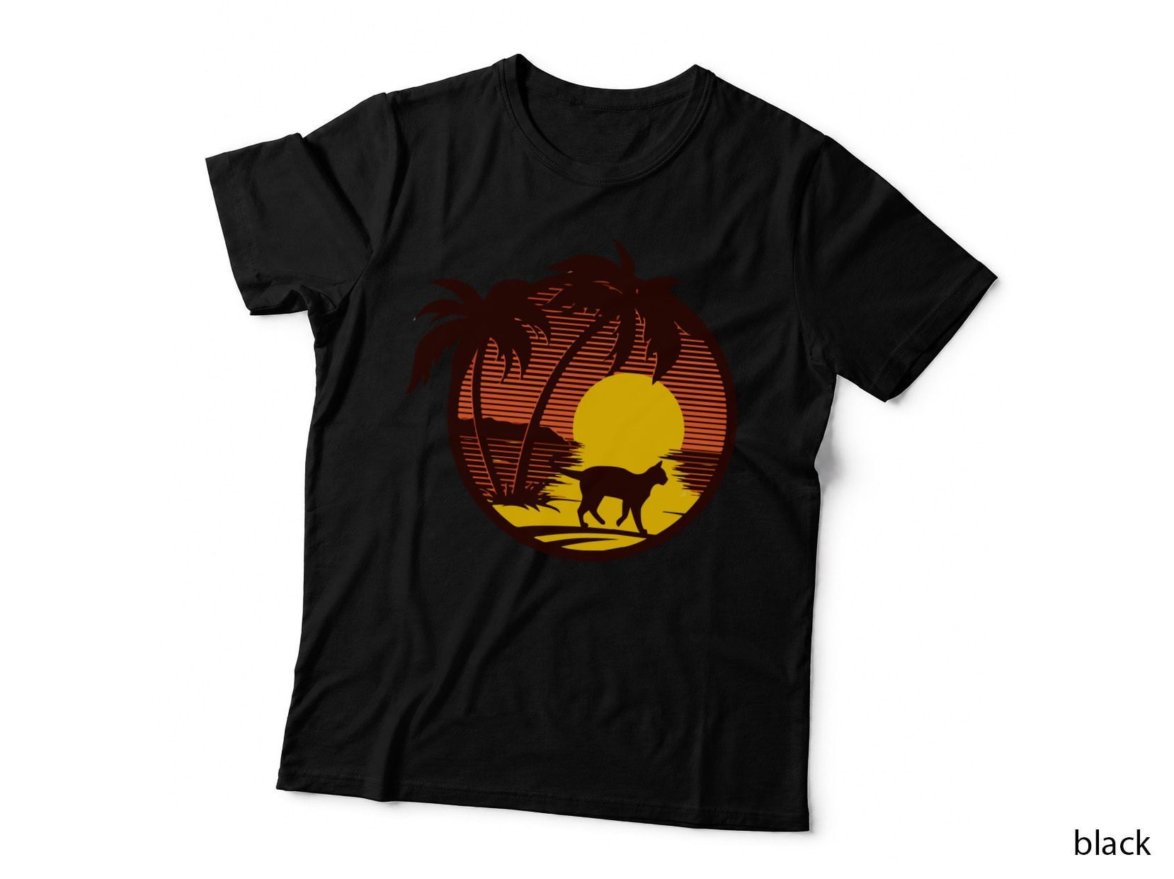 Cat Sunset T-Shirt, Tropical Beach Style, Pet Lover Apparel