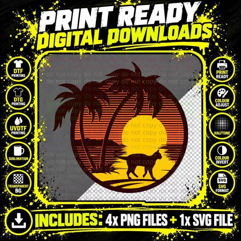 Cat Sunset T-Shirt, Tropical Beach Style Png SVG Digital Bundle
