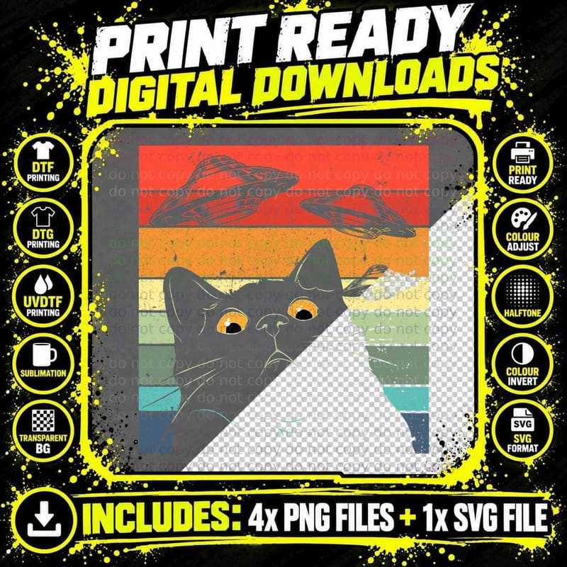 Cat UFO Spaceship T-Shirt, Retro Galaxy Print Png SVG Digital Bundle