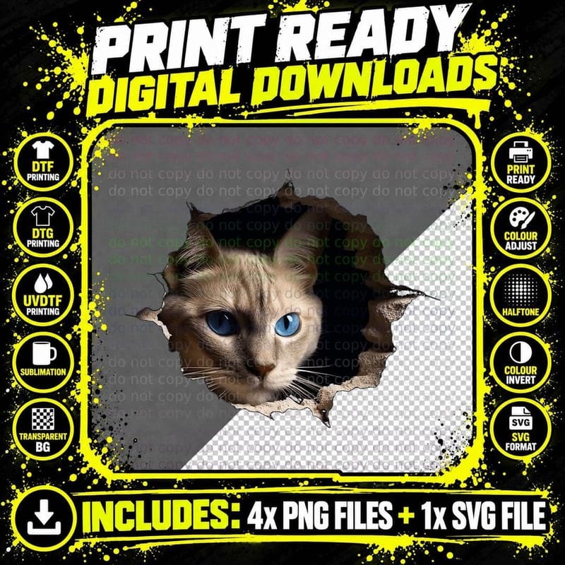 Cat Wall Art T-Shirt, Animal Print Design Png SVG Digital Bundle