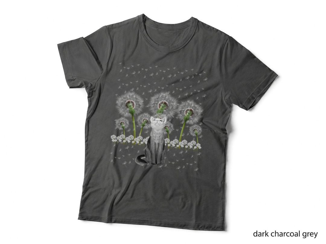Cat and Dandelion T-Shirt, Whimsical Garden Print, Pet Lover Apparel
