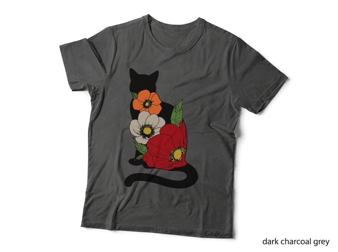 Cat and Flower T-Shirt, Floral Botanical Print, Pet Lover Apparel