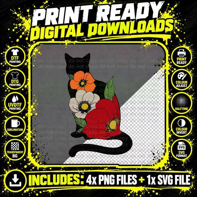 Cat and Flower T-Shirt, Floral Botanical Print Png SVG Digital Bundle