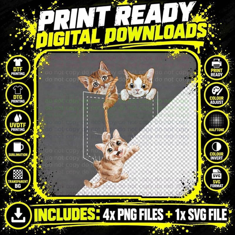 Cat in Pocket Cool Design, Whimsical Animal Art Png SVG Digital Bundle