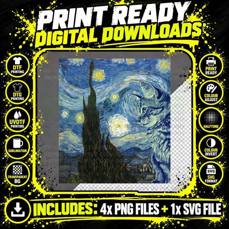 Cat on Starry Night T-Shirt, Van Gogh Inspired Png SVG Digital Bundle